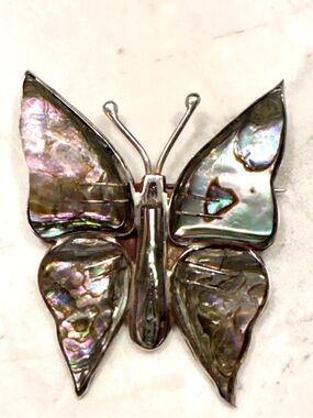 Iridescent Abalone Butterfly Brooch - Multi color 1.5 inches Mexico silver